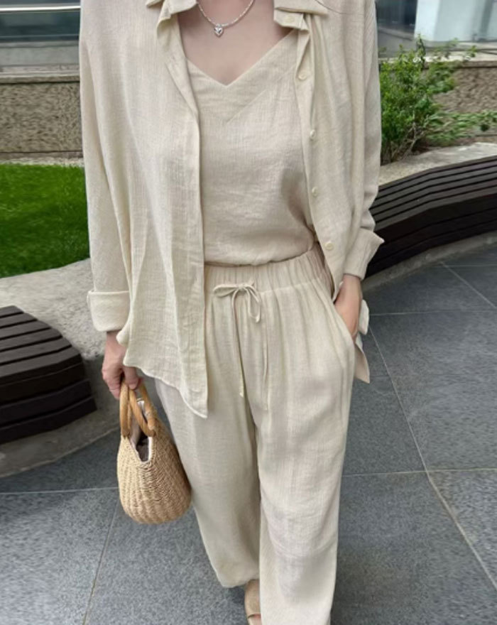 セットアップ レディース カジュアル 夏 3点セット 重ね着 キャミソール ワイドパンツ ハイウエスト トップス 羽織り ロング丈 プリーツ 韓国ファッション ゆるゆる 可愛い お出かけ ゆったり おしゃれ 通勤 着痩せ 体型カバー 旅行 デート 女子会 春夏