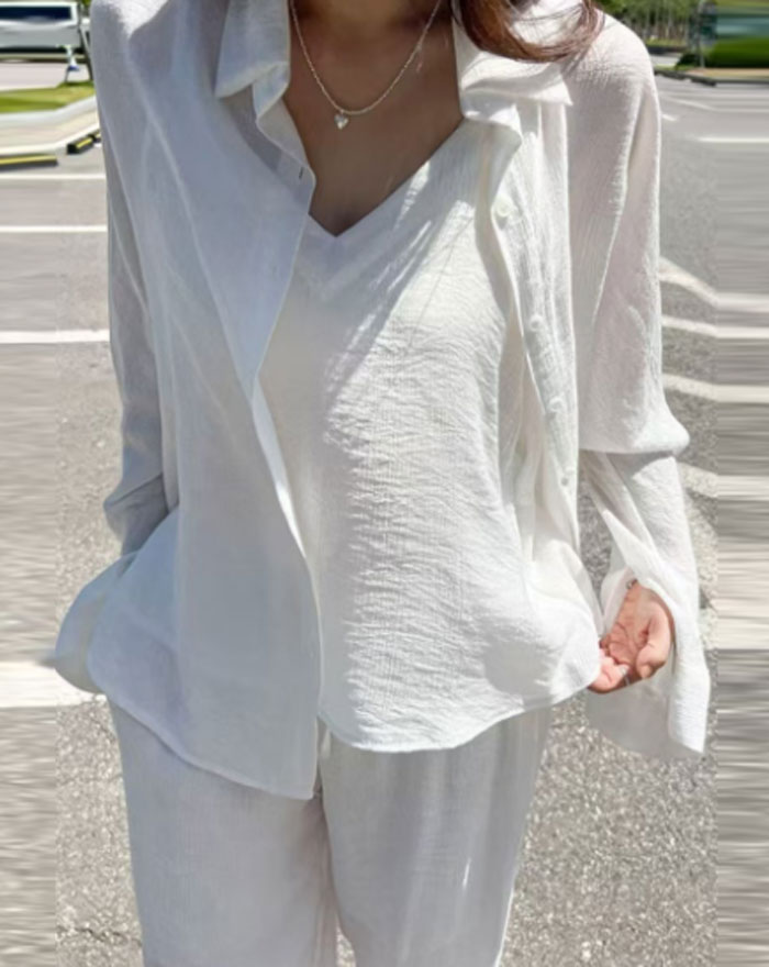 セットアップ レディース カジュアル 夏 3点セット 重ね着 キャミソール ワイドパンツ ハイウエスト トップス 羽織り ロング丈 プリーツ 韓国ファッション ゆるゆる 可愛い お出かけ ゆったり おしゃれ 通勤 着痩せ 体型カバー 旅行 デート 女子会 春夏