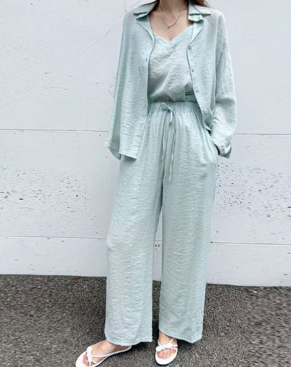 セットアップ レディース カジュアル 夏 3点セット 重ね着 キャミソール ワイドパンツ ハイウエスト トップス 羽織り ロング丈 プリーツ 韓国ファッション ゆるゆる 可愛い お出かけ ゆったり おしゃれ 通勤 着痩せ 体型カバー 旅行 デート 女子会 春夏