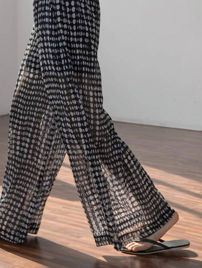 ワイドパンツ レディース きれいめ 夏 シフォン ボトムス シフォンパンツ ドット ガウチョパンツ ガウチョ 薄手 ロングパンツ ロング シアー 透け感 大きいサイズ ウエストゴム 涼しい 楽ちん ゆったり 水玉 着瘦せ 美脚 大人 体型カバー リゾート ひんやり