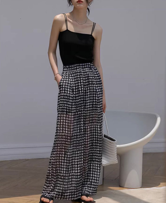 ワイドパンツ レディース きれいめ 夏 シフォン ボトムス シフォンパンツ ドット ガウチョパンツ ガウチョ 薄手 ロングパンツ ロング シアー 透け感 大きいサイズ ウエストゴム 涼しい 楽ちん ゆったり 水玉 着瘦せ 美脚 大人 体型カバー リゾート ひんやり