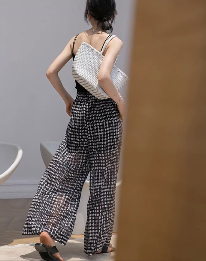 ワイドパンツ レディース きれいめ 夏 シフォン ボトムス シフォンパンツ ドット ガウチョパンツ ガウチョ 薄手 ロングパンツ ロング シアー 透け感 大きいサイズ ウエストゴム 涼しい 楽ちん ゆったり 水玉 着瘦せ 美脚 大人 体型カバー リゾート ひんやり