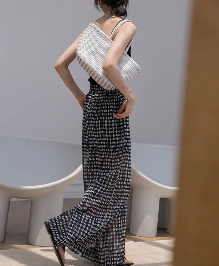 ワイドパンツ レディース きれいめ 夏 シフォン ボトムス シフォンパンツ ドット ガウチョパンツ ガウチョ 薄手 ロングパンツ ロング シアー 透け感 大きいサイズ ウエストゴム 涼しい 楽ちん ゆったり 水玉 着瘦せ 美脚 大人 体型カバー リゾート ひんやり