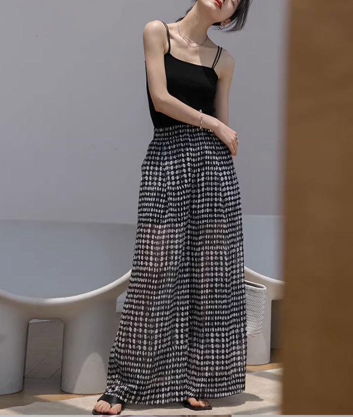 ワイドパンツ レディース きれいめ 夏 シフォン ボトムス シフォンパンツ ドット ガウチョパンツ ガウチョ 薄手 ロングパンツ ロング シアー 透け感 大きいサイズ ウエストゴム 涼しい 楽ちん ゆったり 水玉 着瘦せ 美脚 大人 体型カバー リゾート ひんやり