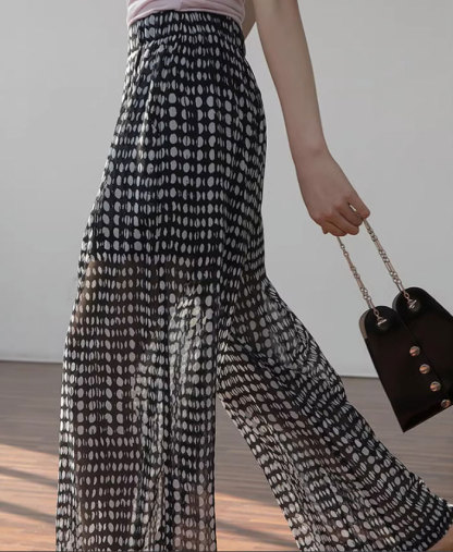 ワイドパンツ レディース きれいめ 夏 シフォン ボトムス シフォンパンツ ドット ガウチョパンツ ガウチョ 薄手 ロングパンツ ロング シアー 透け感 大きいサイズ ウエストゴム 涼しい 楽ちん ゆったり 水玉 着瘦せ 美脚 大人 体型カバー リゾート ひんやり