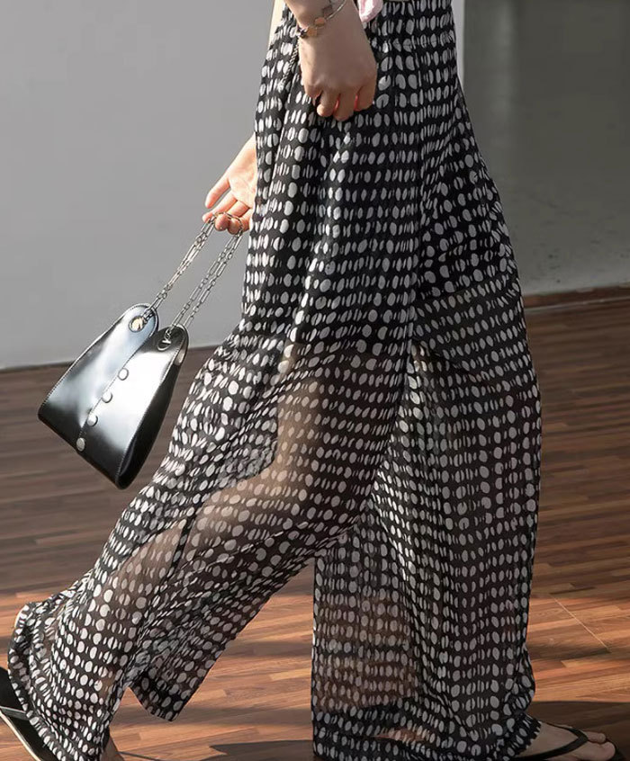 ワイドパンツ レディース きれいめ 夏 シフォン ボトムス シフォンパンツ ドット ガウチョパンツ ガウチョ 薄手 ロングパンツ ロング シアー 透け感 大きいサイズ ウエストゴム 涼しい 楽ちん ゆったり 水玉 着瘦せ 美脚 大人 体型カバー リゾート ひんやり