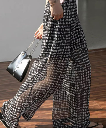 ワイドパンツ レディース きれいめ 夏 シフォン ボトムス シフォンパンツ ドット ガウチョパンツ ガウチョ 薄手 ロングパンツ ロング シアー 透け感 大きいサイズ ウエストゴム 涼しい 楽ちん ゆったり 水玉 着瘦せ 美脚 大人 体型カバー リゾート ひんやり