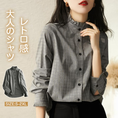 シャツ ブラウス レディース チェック柄 チュニック 長袖シャツ フリル コットン プルオーバー 夏 カットソー 総柄 カジュアル 爽やか トップス 通勤 フォーマル 立襟 大人可愛い ゆったり 薄手 ファッション キレイめ 体型カバー