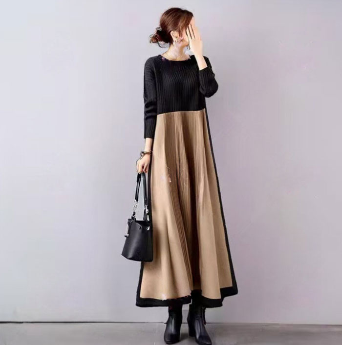 <br>ワンピース 秋冬 ニット きれいめ 大きいサイズ フォーマル フレア ロングワンピース レディース プリーツ 長袖 ミモレ丈 黒 ニットワンピース 切替 着瘦せ 通勤 レイヤード風 おしゃれ 無地 柔らか コーデ 大人 冬 カジュアル ゆったり