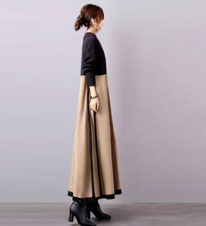 <br>ワンピース 秋冬 ニット きれいめ 大きいサイズ フォーマル フレア ロングワンピース レディース プリーツ 長袖 ミモレ丈 黒 ニットワンピース 切替 着瘦せ 通勤 レイヤード風 おしゃれ 無地 柔らか コーデ 大人 冬 カジュアル ゆったり