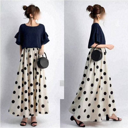 ワンピース ロングワンピース マキシワンピース レディース ドット柄 水玉 半袖 切り替え きれいめ 体型カバー ハイウエスト 脚長効果 ロングワンピ マキシ丈 大きいサイズ 涼しげ Aライン 春 夏 エスニッ 大人可愛い