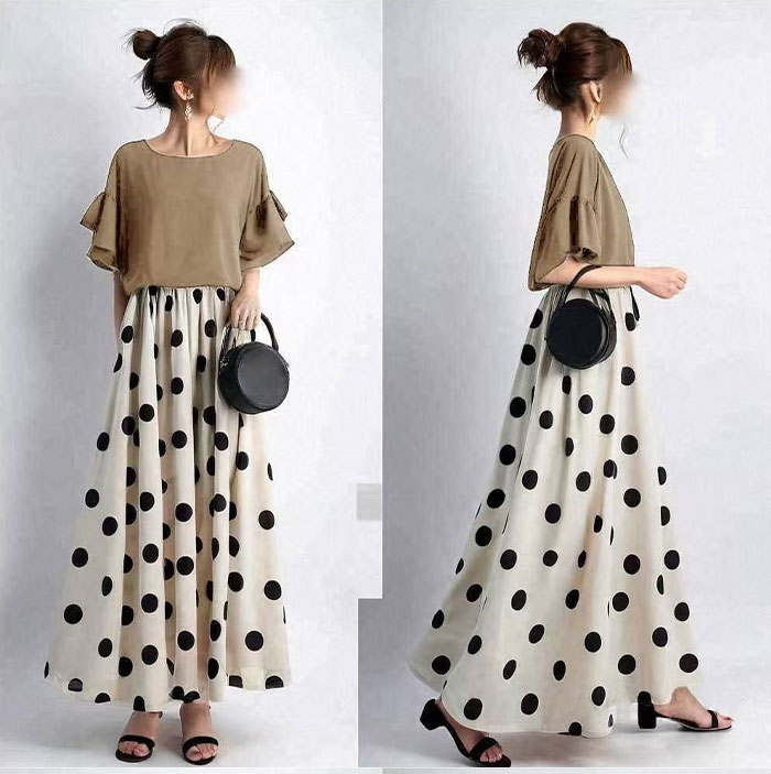 ワンピース ロングワンピース マキシワンピース レディース ドット柄 水玉 半袖 切り替え きれいめ 体型カバー ハイウエスト 脚長効果 ロングワンピ マキシ丈 大きいサイズ 涼しげ Aライン 春 夏 エスニッ 大人可愛い