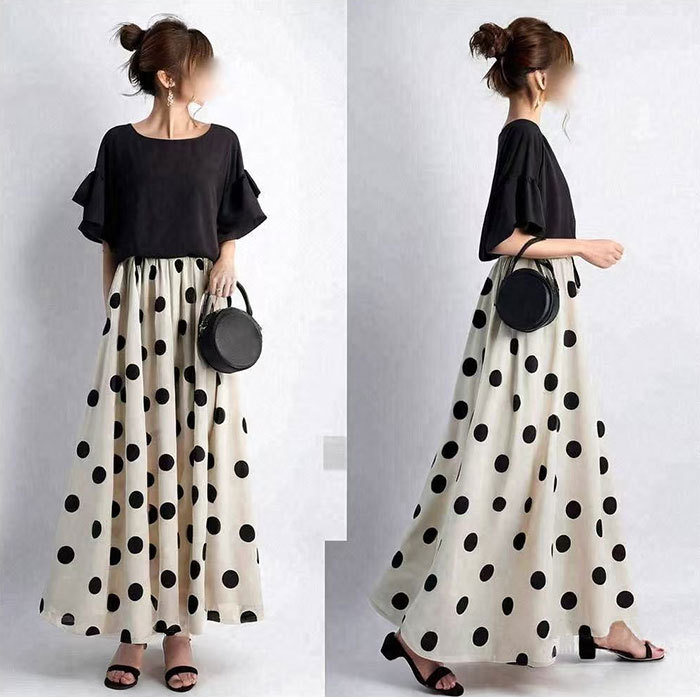 ワンピース ロングワンピース マキシワンピース レディース ドット柄 水玉 半袖 切り替え きれいめ 体型カバー ハイウエスト 脚長効果 ロングワンピ マキシ丈 大きいサイズ 涼しげ Aライン 春 夏 エスニッ 大人可愛い