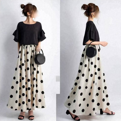 ワンピース ロングワンピース マキシワンピース レディース ドット柄 水玉 半袖 切り替え きれいめ 体型カバー ハイウエスト 脚長効果 ロングワンピ マキシ丈 大きいサイズ 涼しげ Aライン 春 夏 エスニッ 大人可愛い