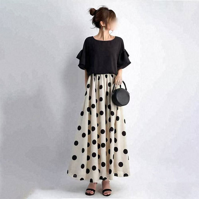ワンピース ロングワンピース マキシワンピース レディース ドット柄 水玉 半袖 切り替え きれいめ 体型カバー ハイウエスト 脚長効果 ロングワンピ マキシ丈 大きいサイズ 涼しげ Aライン 春 夏 エスニッ 大人可愛い