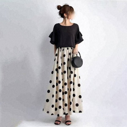 ワンピース ロングワンピース マキシワンピース レディース ドット柄 水玉 半袖 切り替え きれいめ 体型カバー ハイウエスト 脚長効果 ロングワンピ マキシ丈 大きいサイズ 涼しげ Aライン 春 夏 エスニッ 大人可愛い