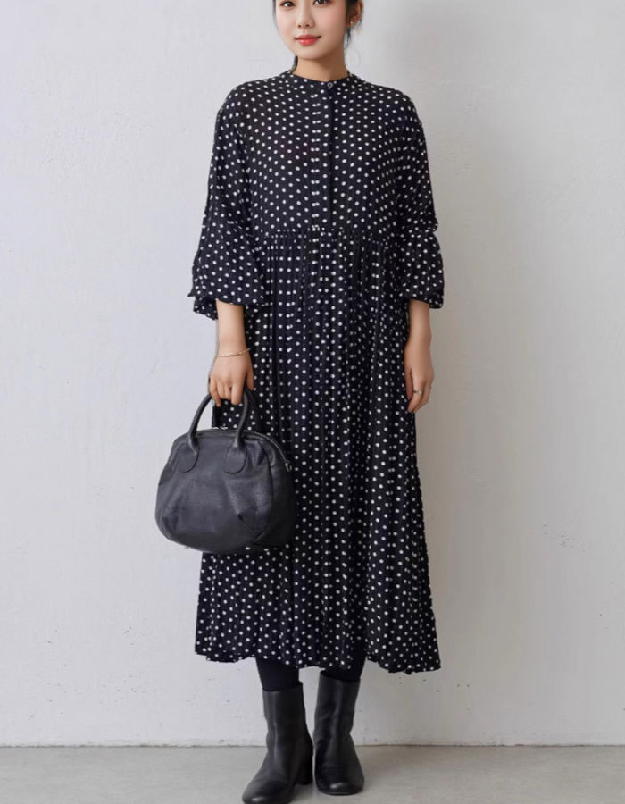 ワンピース 長袖 ドット柄 水玉 ロングワンピース ハイウエスト ロング丈 長袖 フェミニン雰囲気 春秋 春夏 大人可愛い カジュアル フォーマル 結婚式 ふんわり Aライン 披露宴