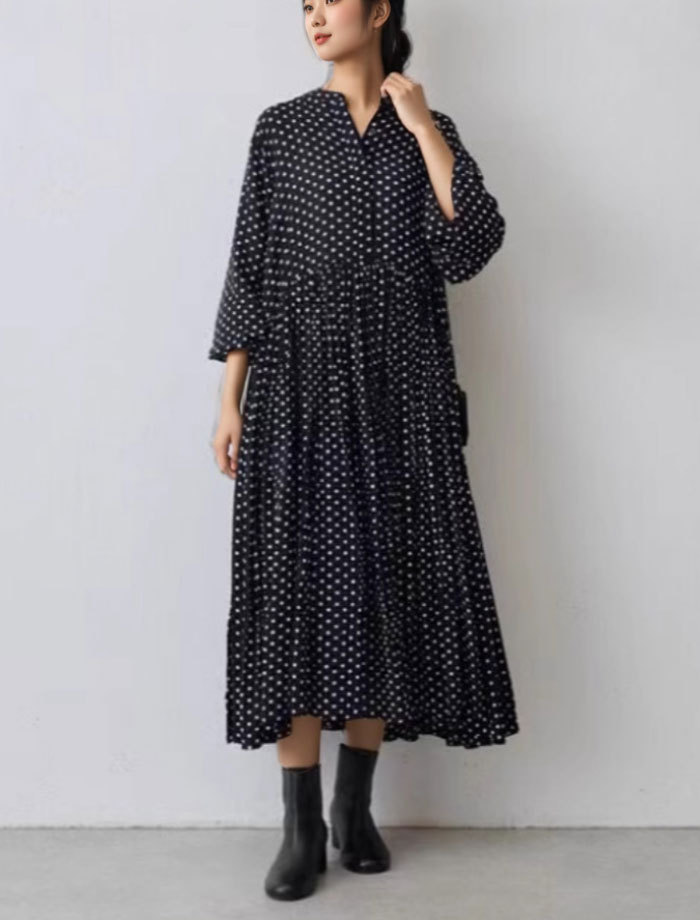 ワンピース 長袖 ドット柄 水玉 ロングワンピース ハイウエスト ロング丈 長袖 フェミニン雰囲気 春秋 春夏 大人可愛い カジュアル フォーマル 結婚式 ふんわり Aライン 披露宴