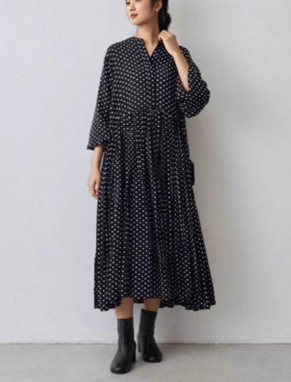 ワンピース 長袖 ドット柄 水玉 ロングワンピース ハイウエスト ロング丈 長袖 フェミニン雰囲気 春秋 春夏 大人可愛い カジュアル フォーマル 結婚式 ふんわり Aライン 披露宴