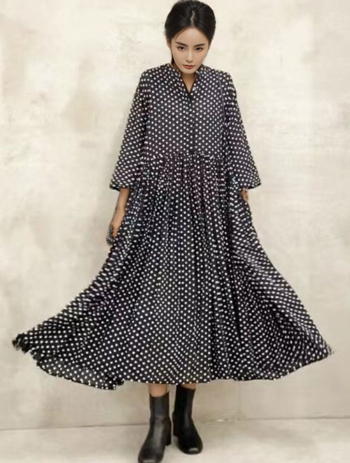 ワンピース 長袖 ドット柄 水玉 ロングワンピース ハイウエスト ロング丈 長袖 フェミニン雰囲気 春秋 春夏 大人可愛い カジュアル フォーマル 結婚式 ふんわり Aライン 披露宴