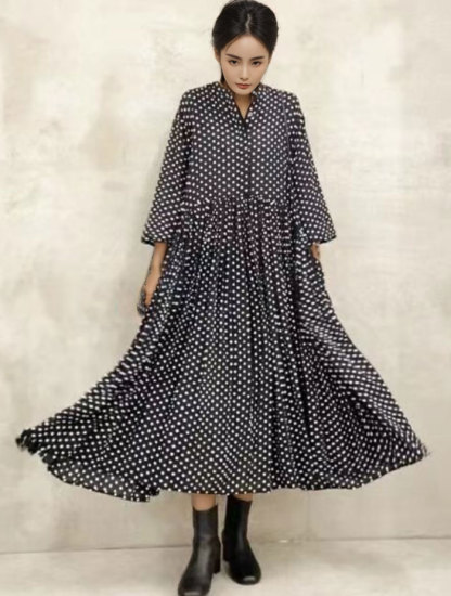 ワンピース 長袖 ドット柄 水玉 ロングワンピース ハイウエスト ロング丈 長袖 フェミニン雰囲気 春秋 春夏 大人可愛い カジュアル フォーマル 結婚式 ふんわり Aライン 披露宴