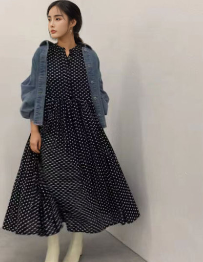 ワンピース 長袖 ドット柄 水玉 ロングワンピース ハイウエスト ロング丈 長袖 フェミニン雰囲気 春秋 春夏 大人可愛い カジュアル フォーマル 結婚式 ふんわり Aライン 披露宴