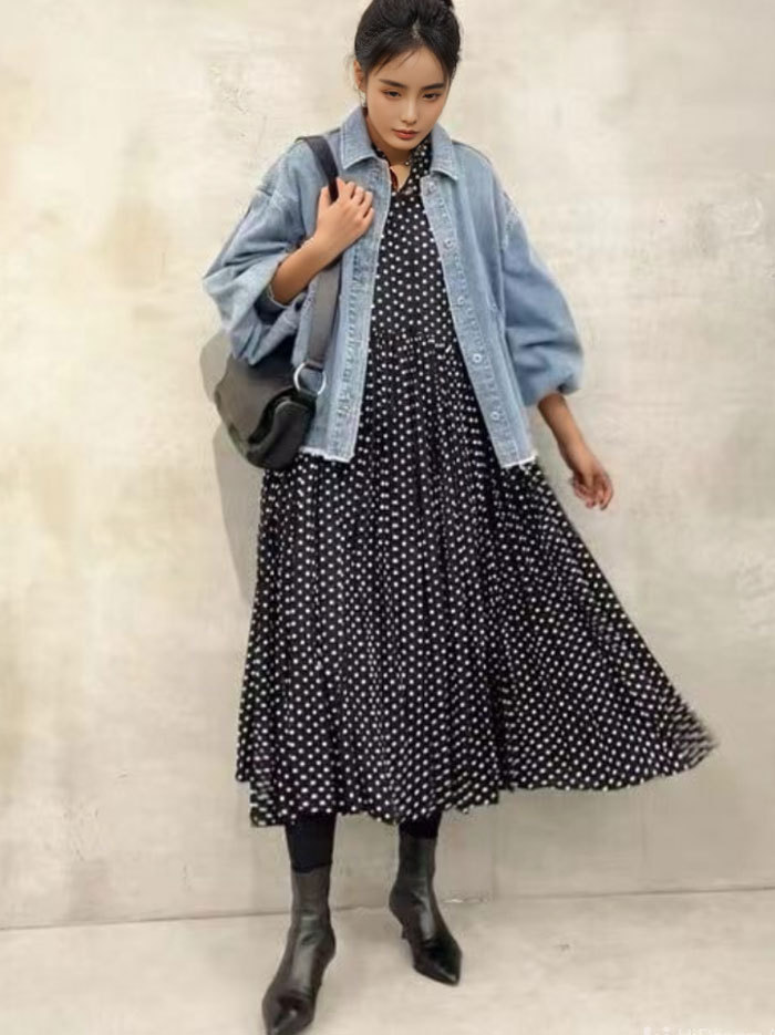 ワンピース 長袖 ドット柄 水玉 ロングワンピース ハイウエスト ロング丈 長袖 フェミニン雰囲気 春秋 春夏 大人可愛い カジュアル フォーマル 結婚式 ふんわり Aライン 披露宴