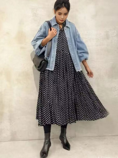 ワンピース 長袖 ドット柄 水玉 ロングワンピース ハイウエスト ロング丈 長袖 フェミニン雰囲気 春秋 春夏 大人可愛い カジュアル フォーマル 結婚式 ふんわり Aライン 披露宴