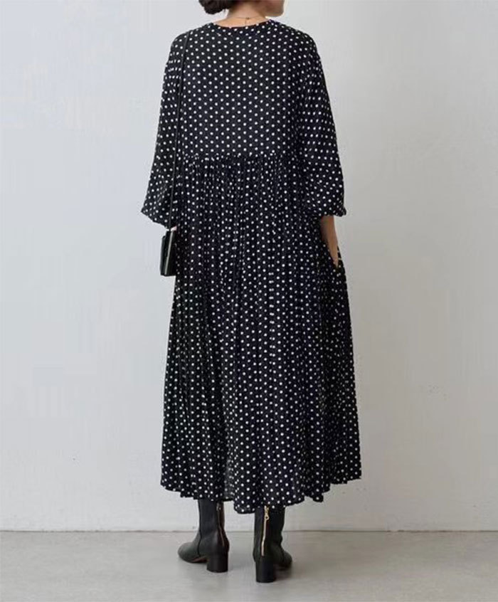 ワンピース 長袖 ドット柄 水玉 ロングワンピース ハイウエスト ロング丈 長袖 フェミニン雰囲気 春秋 春夏 大人可愛い カジュアル フォーマル 結婚式 ふんわり Aライン 披露宴