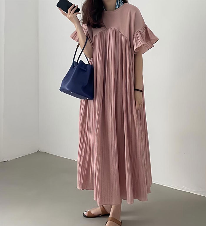 マキシワンピース 半袖 Aライン ギャザーワンピース ハイウエスト 脚長効果 フレア袖 ロングワンピース レディース マキシ丈 ふんわり ビッグシルエット 体型カバー 無地 カジュアル 春 夏 プリーツ 大人可愛い 着痩せ おしゃれ きれいめ 妊娠服 マタニティ