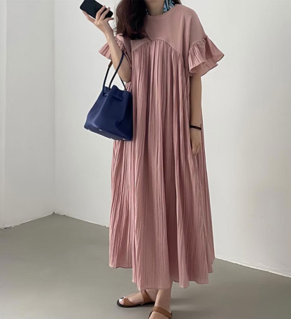 マキシワンピース 半袖 Aライン ギャザーワンピース ハイウエスト 脚長効果 フレア袖 ロングワンピース レディース マキシ丈 ふんわり ビッグシルエット 体型カバー 無地 カジュアル 春 夏 プリーツ 大人可愛い 着痩せ おしゃれ きれいめ 妊娠服 マタニティ