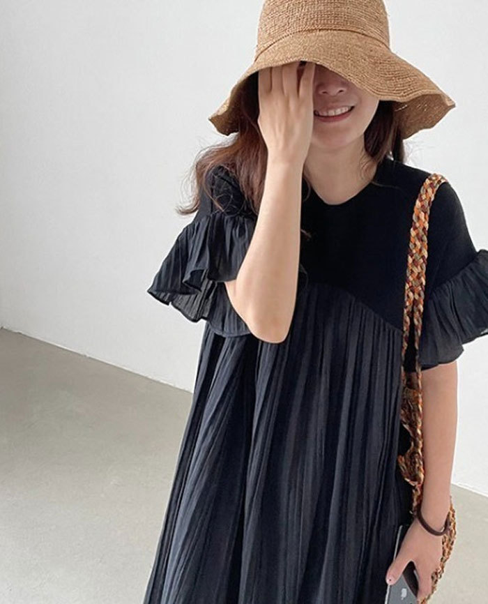 マキシワンピース 半袖 Aライン ギャザーワンピース ハイウエスト 脚長効果 フレア袖 ロングワンピース レディース マキシ丈 ふんわり ビッグシルエット 体型カバー 無地 カジュアル 春 夏 プリーツ 大人可愛い 着痩せ おしゃれ きれいめ 妊娠服 マタニティ