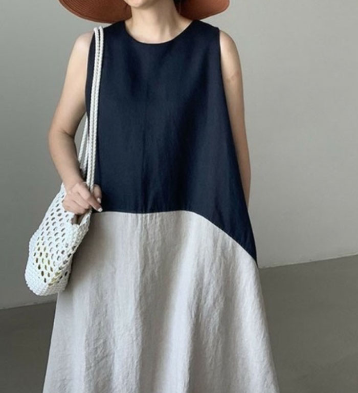 マキシワンピース 綿麻 綿麻混 バイカラー リゾートワンピース 春 夏 レディース ノースリーブ ロングワンピース 無地 ふんわり Aライン ロングワンピ ワンピース フレア ゆったり 体型カバー きれいめ オーバーサイズ リゾート コットンリネン 肌に優しい