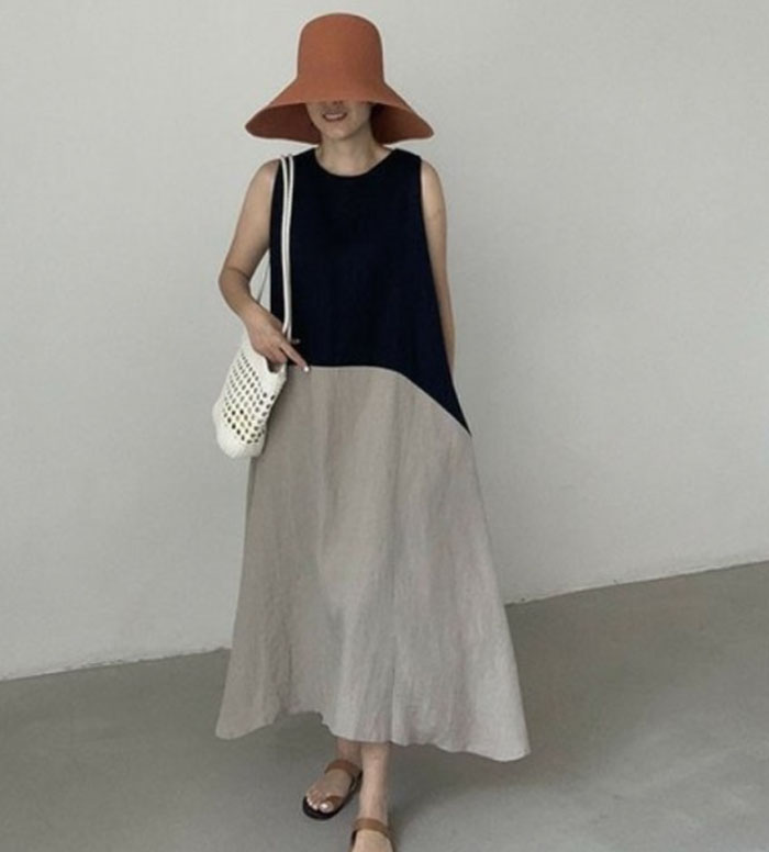 マキシワンピース 綿麻 綿麻混 バイカラー リゾートワンピース 春 夏 レディース ノースリーブ ロングワンピース 無地 ふんわり Aライン ロングワンピ ワンピース フレア ゆったり 体型カバー きれいめ オーバーサイズ リゾート コットンリネン 肌に優しい