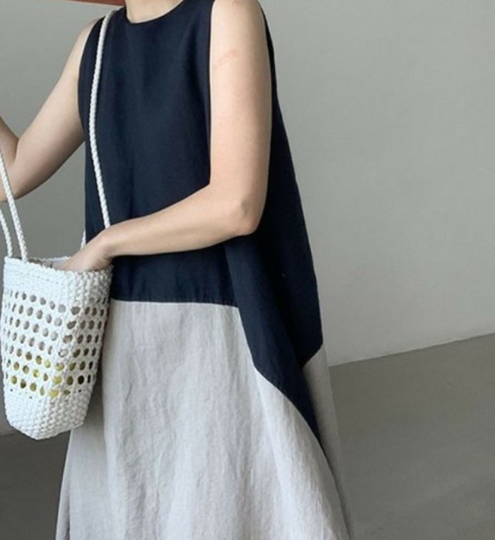 マキシワンピース 綿麻 綿麻混 バイカラー リゾートワンピース 春 夏 レディース ノースリーブ ロングワンピース 無地 ふんわり Aライン ロングワンピ ワンピース フレア ゆったり 体型カバー きれいめ オーバーサイズ リゾート コットンリネン 肌に優しい
