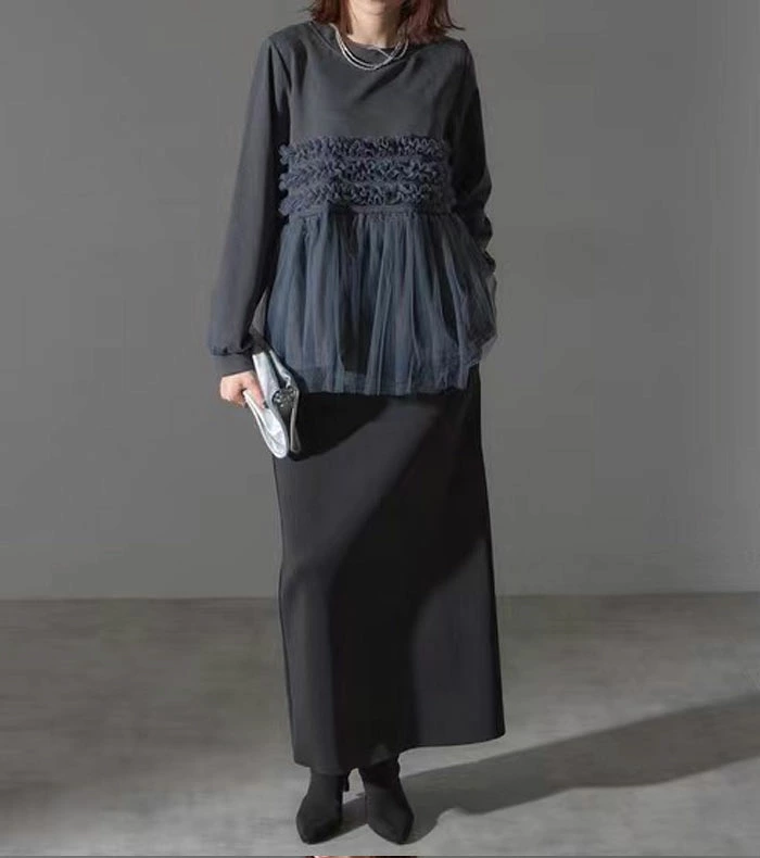 パーカー チュール ドッキング ビスチェ風 トップス レディース 異素材 チュール切り替え プルオーバー 長袖 オーバーサイズ 体型カバー チュニック 着映え トレンド カジュアル きれいめ ゆったり 長袖 おしゃれ 送料無料