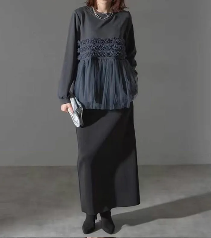 パーカー チュール ドッキング ビスチェ風 トップス レディース 異素材 チュール切り替え プルオーバー 長袖 オーバーサイズ 体型カバー チュニック 着映え トレンド カジュアル きれいめ ゆったり 長袖 おしゃれ 送料無料