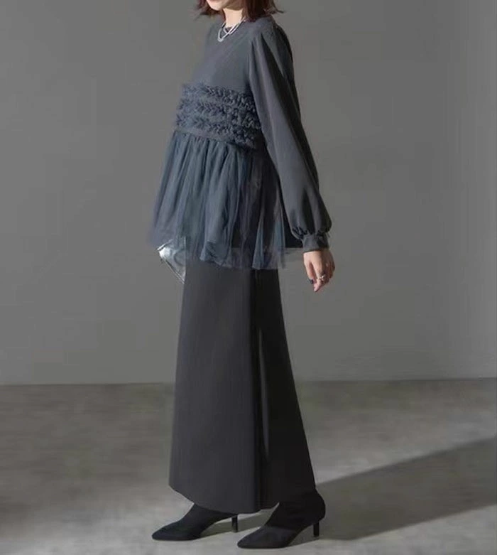 パーカー チュール ドッキング ビスチェ風 トップス レディース 異素材 チュール切り替え プルオーバー 長袖 オーバーサイズ 体型カバー チュニック 着映え トレンド カジュアル きれいめ ゆったり 長袖 おしゃれ 送料無料