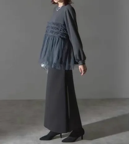 パーカー チュール ドッキング ビスチェ風 トップス レディース 異素材 チュール切り替え プルオーバー 長袖 オーバーサイズ 体型カバー チュニック 着映え トレンド カジュアル きれいめ ゆったり 長袖 おしゃれ 送料無料