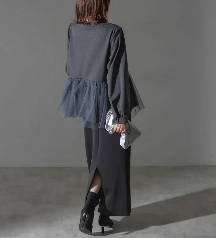 パーカー チュール ドッキング ビスチェ風 トップス レディース 異素材 チュール切り替え プルオーバー 長袖 オーバーサイズ 体型カバー チュニック 着映え トレンド カジュアル きれいめ ゆったり 長袖 おしゃれ 送料無料