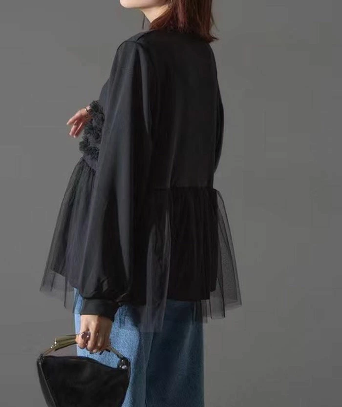 パーカー チュール ドッキング ビスチェ風 トップス レディース 異素材 チュール切り替え プルオーバー 長袖 オーバーサイズ 体型カバー チュニック 着映え トレンド カジュアル きれいめ ゆったり 長袖 おしゃれ 送料無料