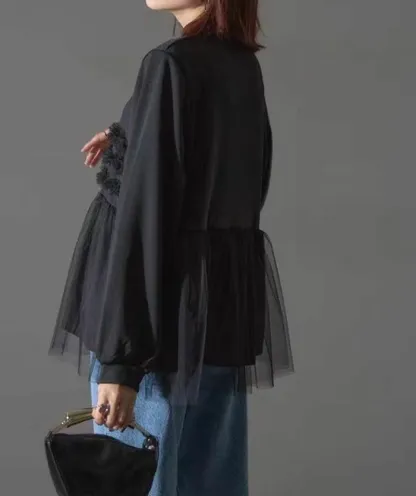 パーカー チュール ドッキング ビスチェ風 トップス レディース 異素材 チュール切り替え プルオーバー 長袖 オーバーサイズ 体型カバー チュニック 着映え トレンド カジュアル きれいめ ゆったり 長袖 おしゃれ 送料無料