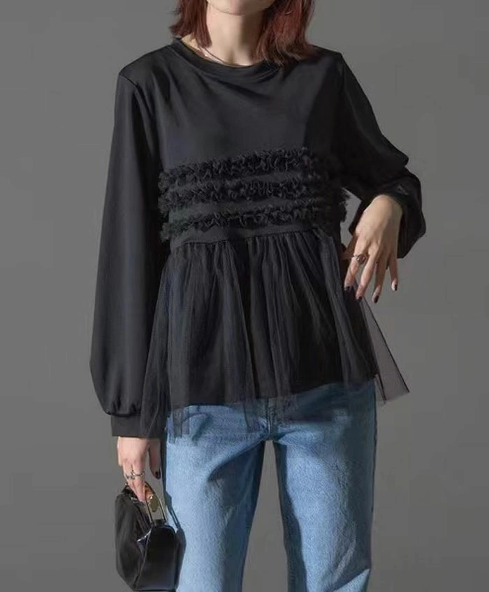 パーカー チュール ドッキング ビスチェ風 トップス レディース 異素材 チュール切り替え プルオーバー 長袖 オーバーサイズ 体型カバー チュニック 着映え トレンド カジュアル きれいめ ゆったり 長袖 おしゃれ 送料無料