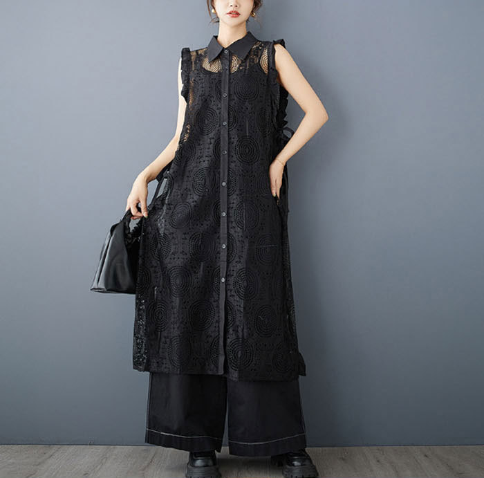 ロングベスト ロングジレ レース ベスト ジレ ロング丈 マキシ丈 重ね着 レイヤード 春秋 春夏 彫り透かし レディース 羽織り カジュアル 無地 着痩せ 通勤 オフィス フェミニン コーディネート
