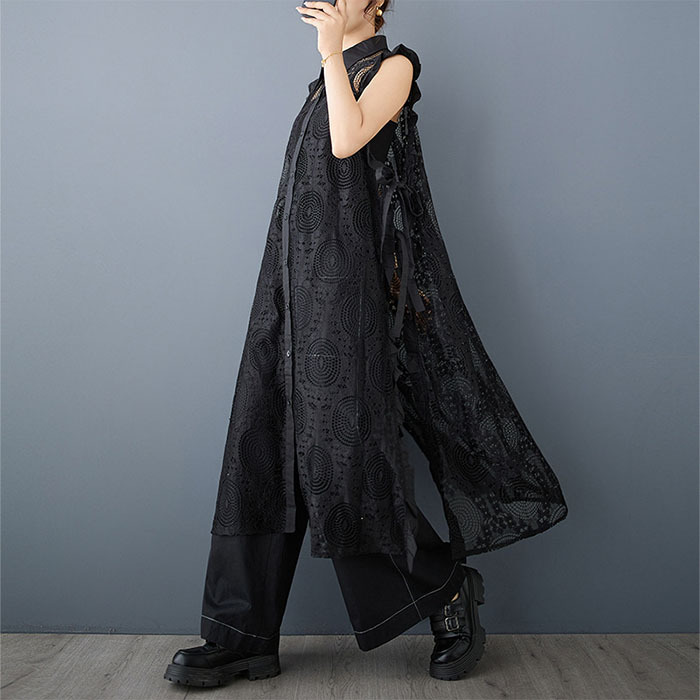 ロングベスト ロングジレ レース ベスト ジレ ロング丈 マキシ丈 重ね着 レイヤード 春秋 春夏 彫り透かし レディース 羽織り カジュアル 無地 着痩せ 通勤 オフィス フェミニン コーディネート