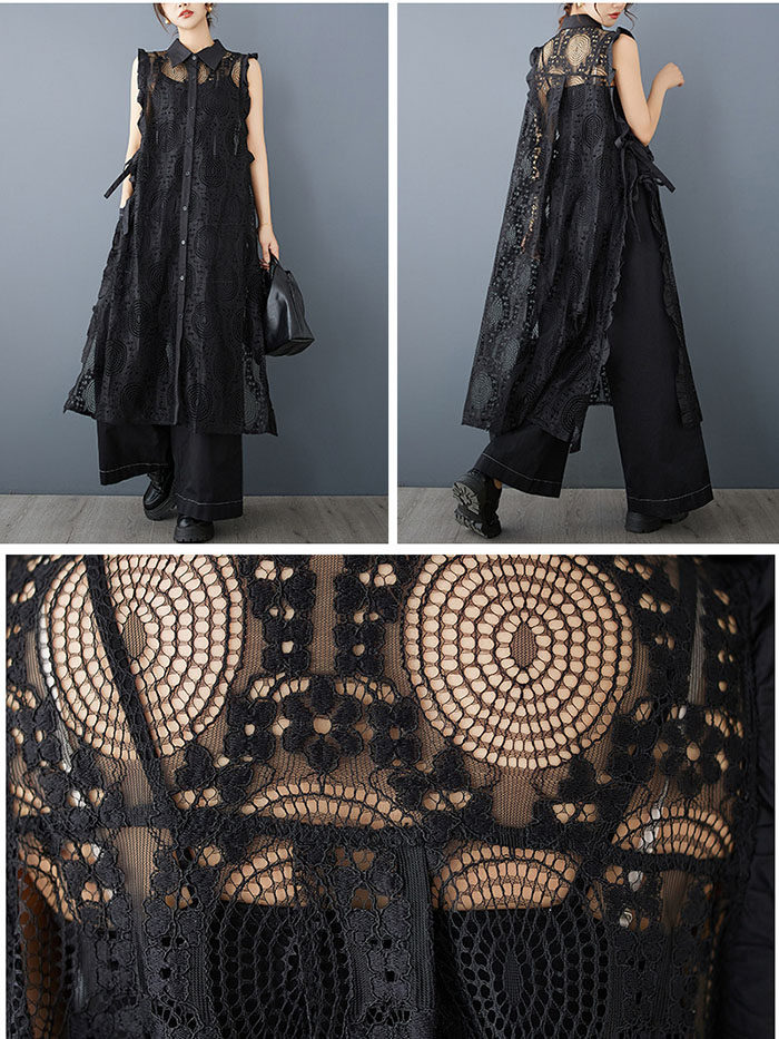 ロングベスト ロングジレ レース ベスト ジレ ロング丈 マキシ丈 重ね着 レイヤード 春秋 春夏 彫り透かし レディース 羽織り カジュアル 無地 着痩せ 通勤 オフィス フェミニン コーディネート