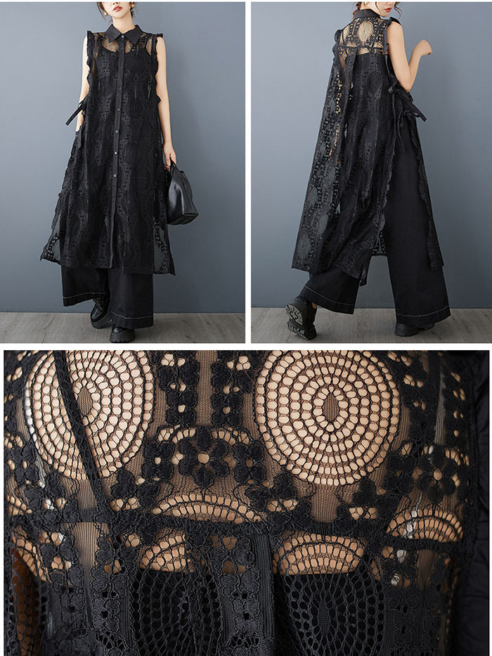 ロングベスト ロングジレ レース ベスト ジレ ロング丈 マキシ丈 重ね着 レイヤード 春秋 春夏 彫り透かし レディース 羽織り カジュアル 無地 着痩せ 通勤 オフィス フェミニン コーディネート
