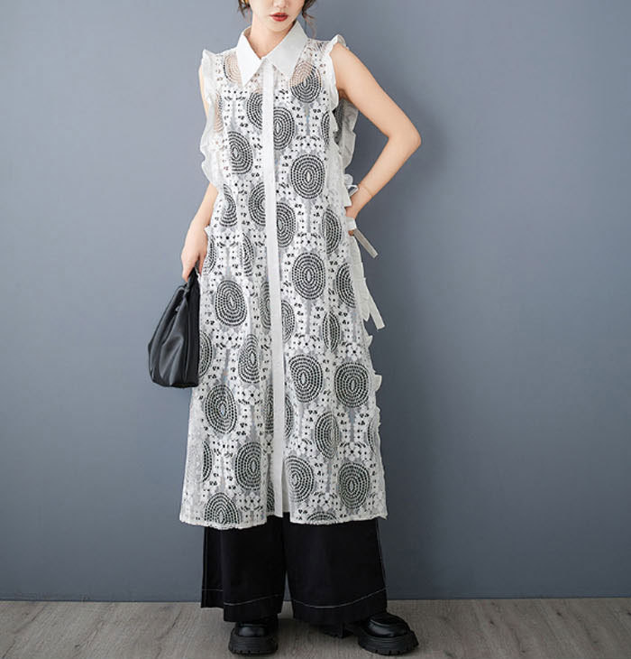 ロングベスト ロングジレ レース ベスト ジレ ロング丈 マキシ丈 重ね着 レイヤード 春秋 春夏 彫り透かし レディース 羽織り カジュアル 無地 着痩せ 通勤 オフィス フェミニン コーディネート