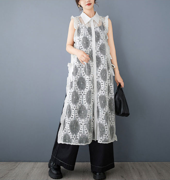 ロングベスト ロングジレ レース ベスト ジレ ロング丈 マキシ丈 重ね着 レイヤード 春秋 春夏 彫り透かし レディース 羽織り カジュアル 無地 着痩せ 通勤 オフィス フェミニン コーディネート
