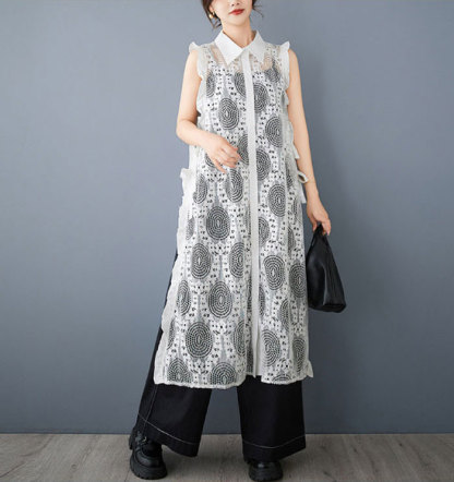 ロングベスト ロングジレ レース ベスト ジレ ロング丈 マキシ丈 重ね着 レイヤード 春秋 春夏 彫り透かし レディース 羽織り カジュアル 無地 着痩せ 通勤 オフィス フェミニン コーディネート